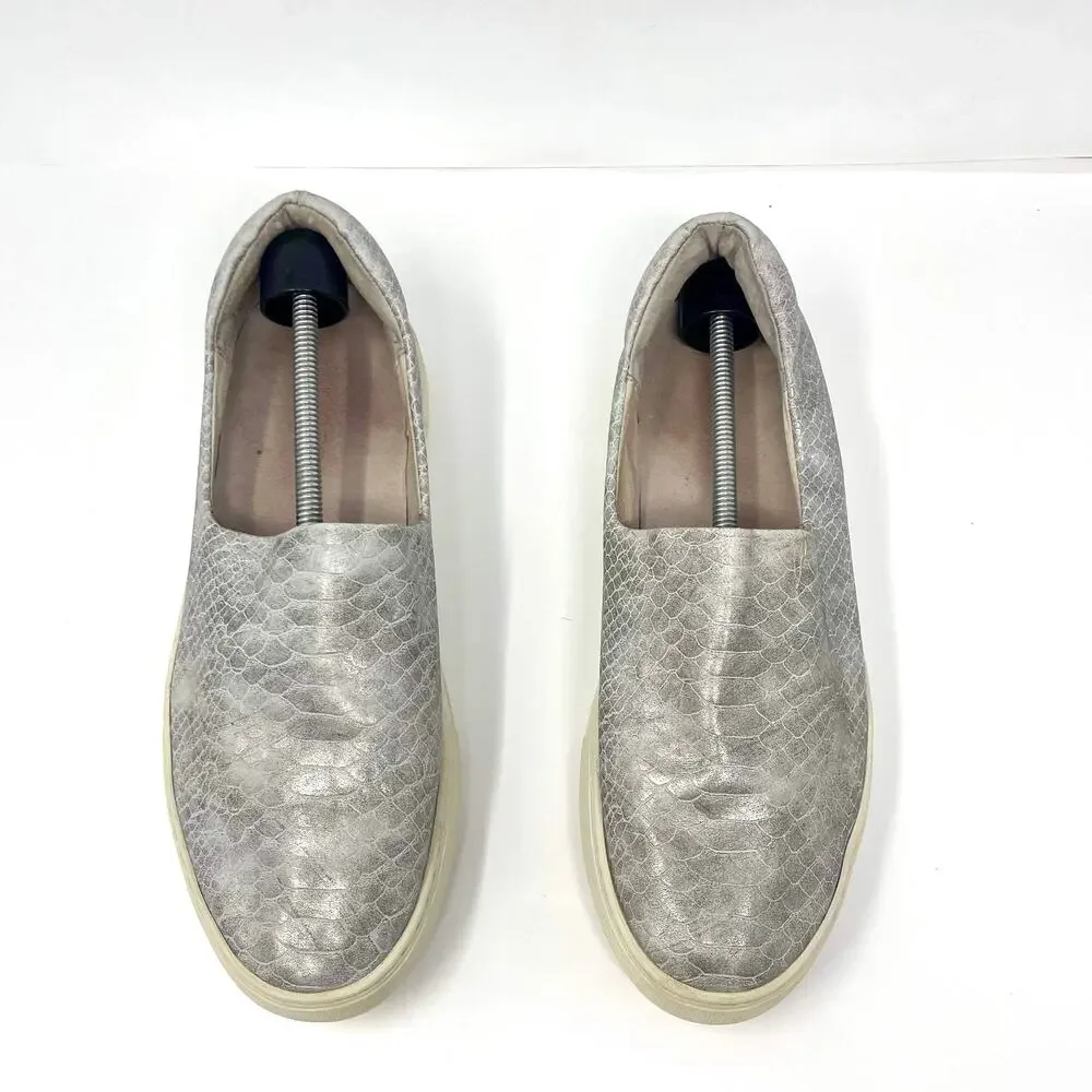 J SLIDES Silver White Slip On Snake Print Sneakers